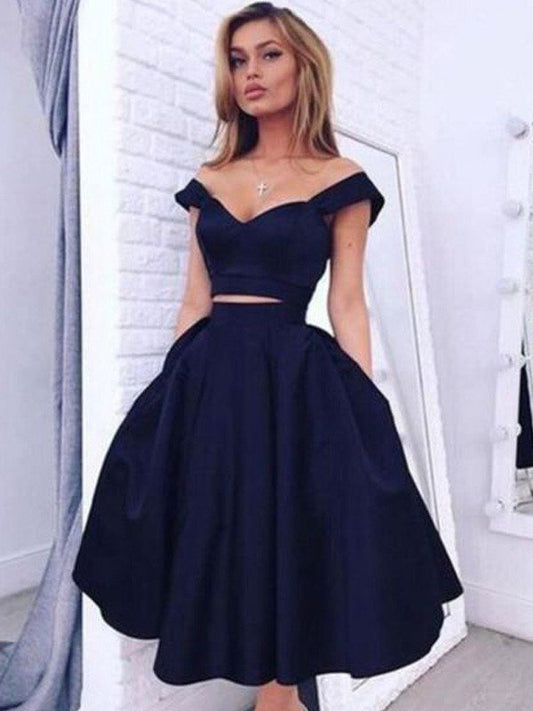 A-Line/Princess Off-the-Shoulder Sleeveless Tea-Length Satin Lucia Homecoming Dresses Two Piece Dresses