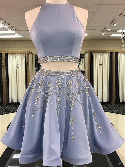 A-Line/Princess Homecoming Dresses Sleeveless Bateau Satin Beading Aria Short/Mini Two Piece Dresses