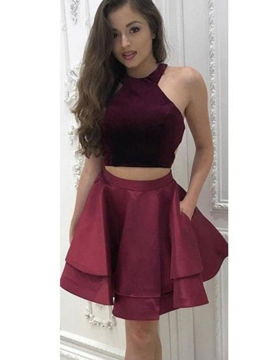 Carleigh A-Line/Princess Sleeveless Halter Satin Ruffles Two Piece Homecoming Dresses Short/Mini Dresses