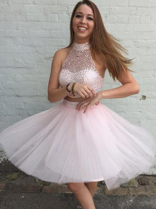 A-Line/Princess Tulle High Marisa Neck Sleeveless Beading Short/Mini Two Piece Homecoming Dresses Dresses