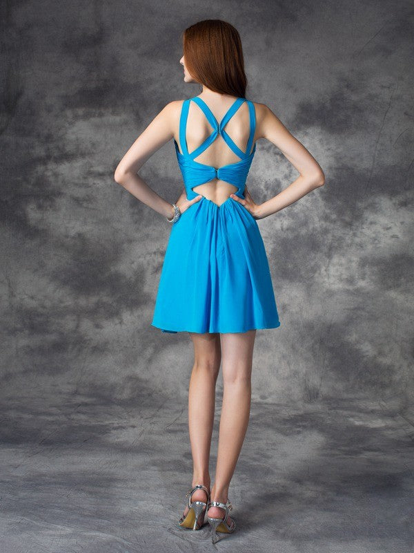 A-line/Princess V-neck Ruffles Sleeveless Short Silk Homecoming Dresses Alexus like Satin Dresses