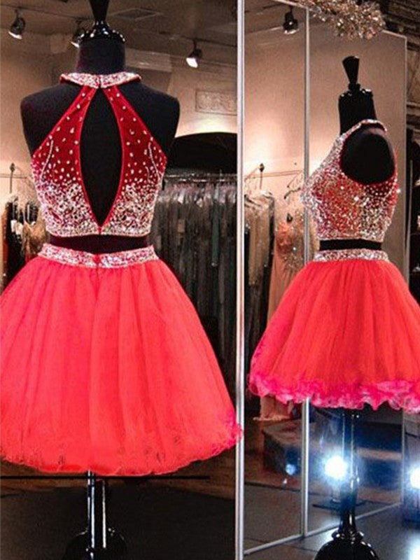 A-Line/Princess Sleeveless Halter Tulle Beading Short/Mini Phoebe Two Piece Homecoming Dresses Dresses