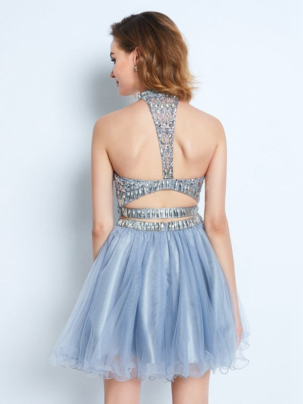 A-Line/Princess High Neck Homecoming Dresses Regina Sleeveless Beading Short/Mini Net Two Piece Dresses