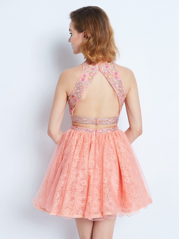 Homecoming Dresses A-Line/Princess Jewel Sleeveless Lace Kathryn Beading Short/Mini Two Piece Dresses