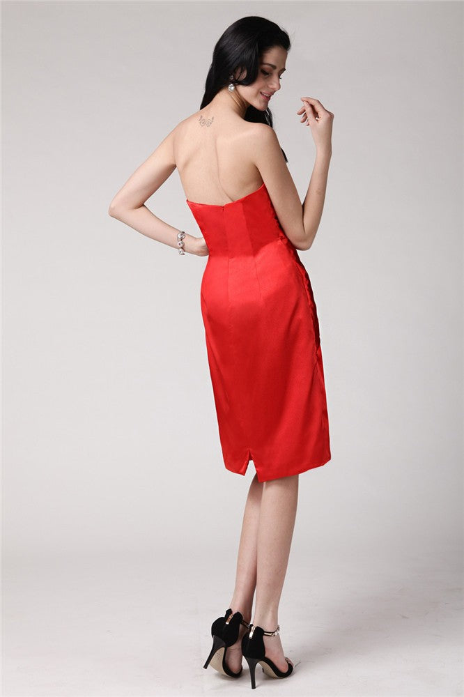 Sheath/Column Strapless Sleeveless Pleats Homecoming Dresses Short Elastic Woven Parker Satin Cocktail Dresses