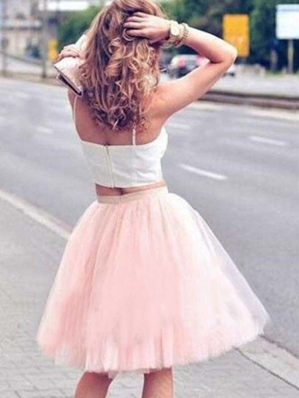 A-Line/Princess Tulle Sleeveless Pleats Homecoming Dresses Spaghetti Elliana Straps Knee-Length Two Piece Dresses