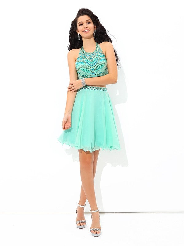 A-Line/Princess Sheer Neck Homecoming Dresses Rhinestone Lacey Sleeveless Short Chiffon Two Piece Dresses