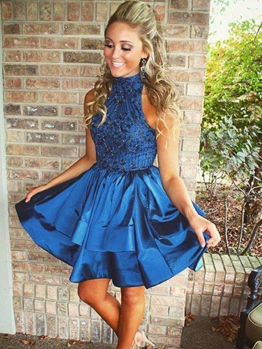 A-Line Princess Sleeveless High Neck Beading Homecoming Dresses Ashlynn Taffeta Short