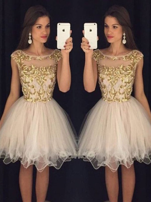 A-Line Princess Sleeveless Homecoming Dresses Emmy Scoop Paillette Tulle Short